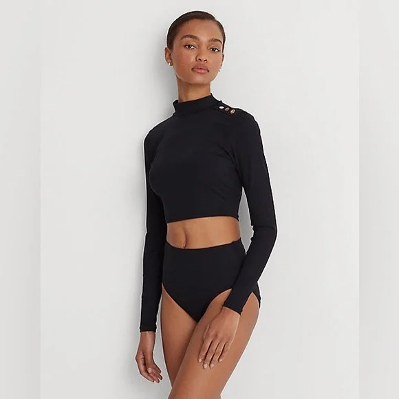 Lauren Ralph Lauren Ribbed Cropped Mockneck Rash Guard Black Swim TOP ONLY NEW - Picture 3 of 9